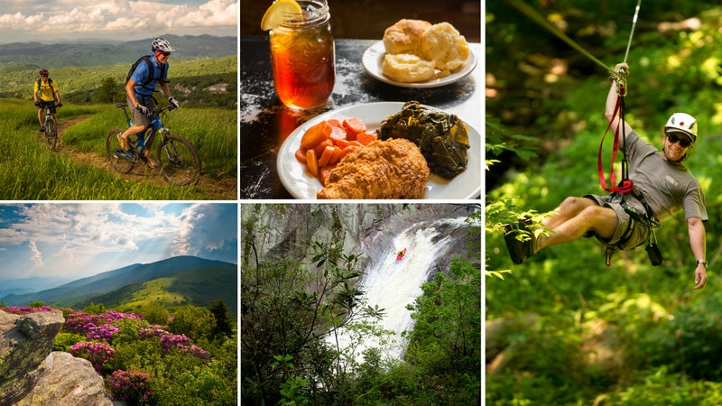Clockwise from top left: Climbing Beech Mountain; Boone delicacies; zip line; sending near Boone; the Appalachian Trail.