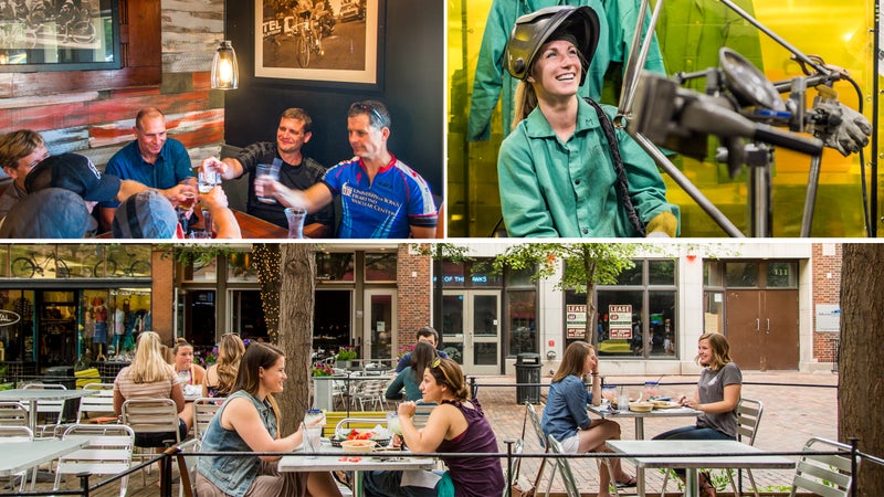 Clockwise from top left: Post-ride happy hour; a bike-building class at the University of Iowa; Iowa City brunch.