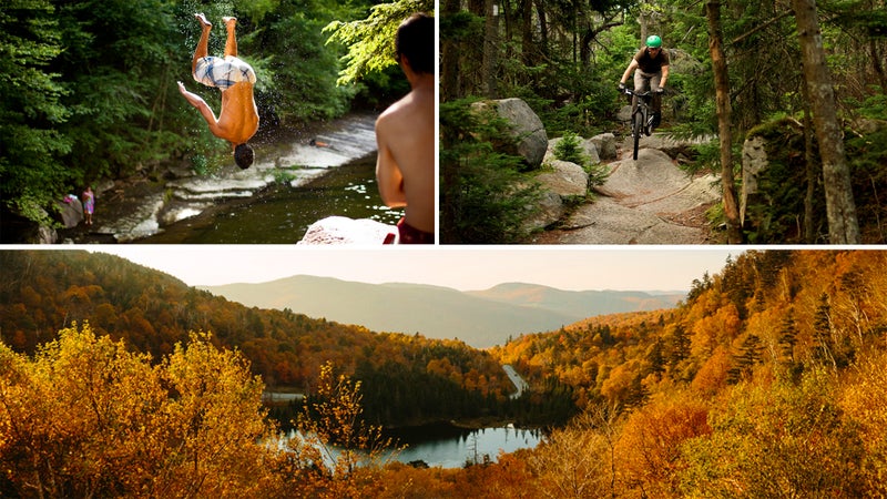 Clockwise from top left: Kodak courage on the New Haven River; Green Mountain rock garden; New England autumn.