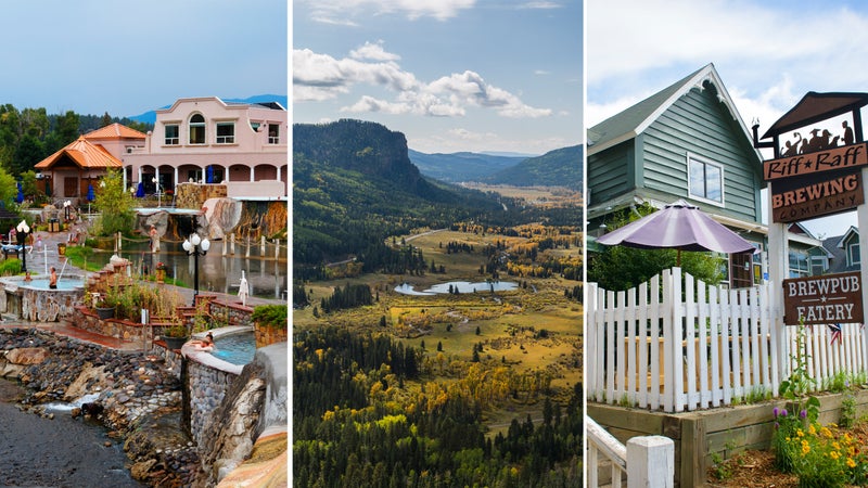 From left: Pagosa relaxation; wilderness outside Pagosa Springs; downtown Pagosa brewery.