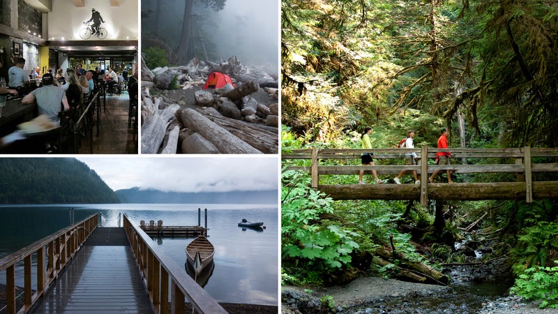 Clockwise from top left: Next Door Gastropub; camping in Olympic National Park; Port Angeles traffic jam; fog over Lake Crescent.