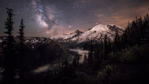 West Coast wilderness and travel photographer Brad Goldpaint took second place in the Beauty category with this photo. It shows a moonlit Mount Rainier in Washington with the Milky Way overhead in July 2014.