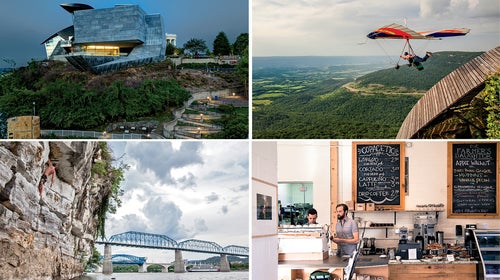 Clockwise from top left: Hunter Museum of American Art; in flight over Chattanooga; The Farmer's Daughter; deepwater solo near downtown.
