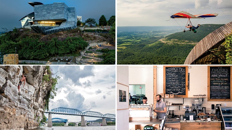 Clockwise from top left: Hunter Museum of American Art; in flight over Chattanooga; The Farmer's Daughter; deepwater solo near downtown.