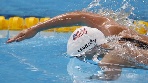 Katie Ledecky competes in a women's 400m freestyle heat at the Swimming World Championships in Kazan, August 2015.