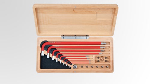 The hex keys are coated with a high-grip polymer finish and come in a beautiful beechwood box.
