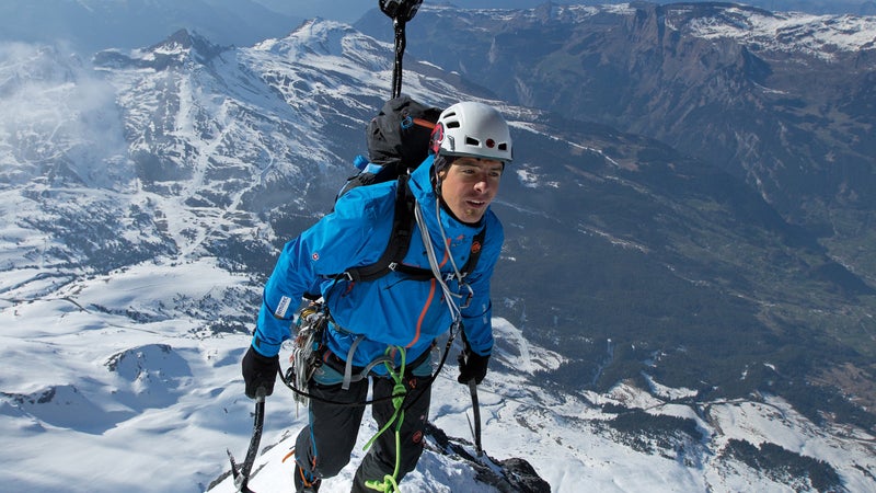 Dani Arnold arrives in Death Bivouac in the Eiger North Face.