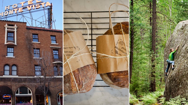 From left: Downtown; loaves at Pizzicletta; bouldering outside Flagstaff.