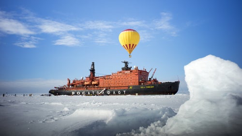 In 1968, just one year before Neil Armstrong walked on the surface of the moon, the first confirmed surface conquest of the North Pole was achieved by Ralph Plaisted using snowmobiles. It had already been 50 years since Roald Amundsen walked upon the land-locked South Pole.
Today, the Arctic has become site of the most controversial—and potentially profitable—land issues amongst the world’s superpowers, and Russia is undeniably leading that charge. This August, Russia submitted a bid to the UN claiming more than 450,000 square miles of the Arctic and all its economic profits. New reports also highlight the Russian’s plans to install anti-aircraft missiles that can withstand harsh conditions in select locations along its border with the region. 
As a destination, the North Pole has been visited by thousands—researchers, military personnel, explorers, and a few tourists. They arrive by submarine, aircraft, and icebreaker. It’s estimated that there have only been 119 visits to the North Pole by a surface vessel. This July, I was invited to go on the 115th.