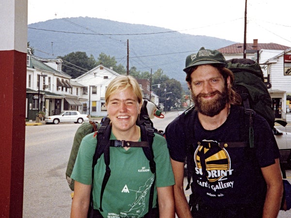 Molly LaRue and Geoff Hood in Duncannon, Pennsylvania, posed outside on September 12, 1990, on their journey to hike the Appalachian Trail
