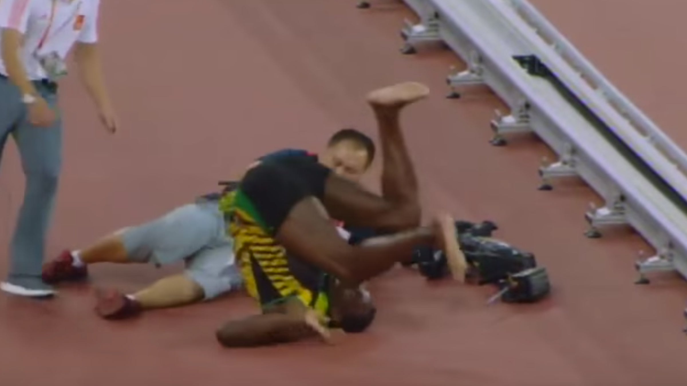 Usain Bolt was hit by rogue Segway cameraman at the 2015 World Athletics Championships.