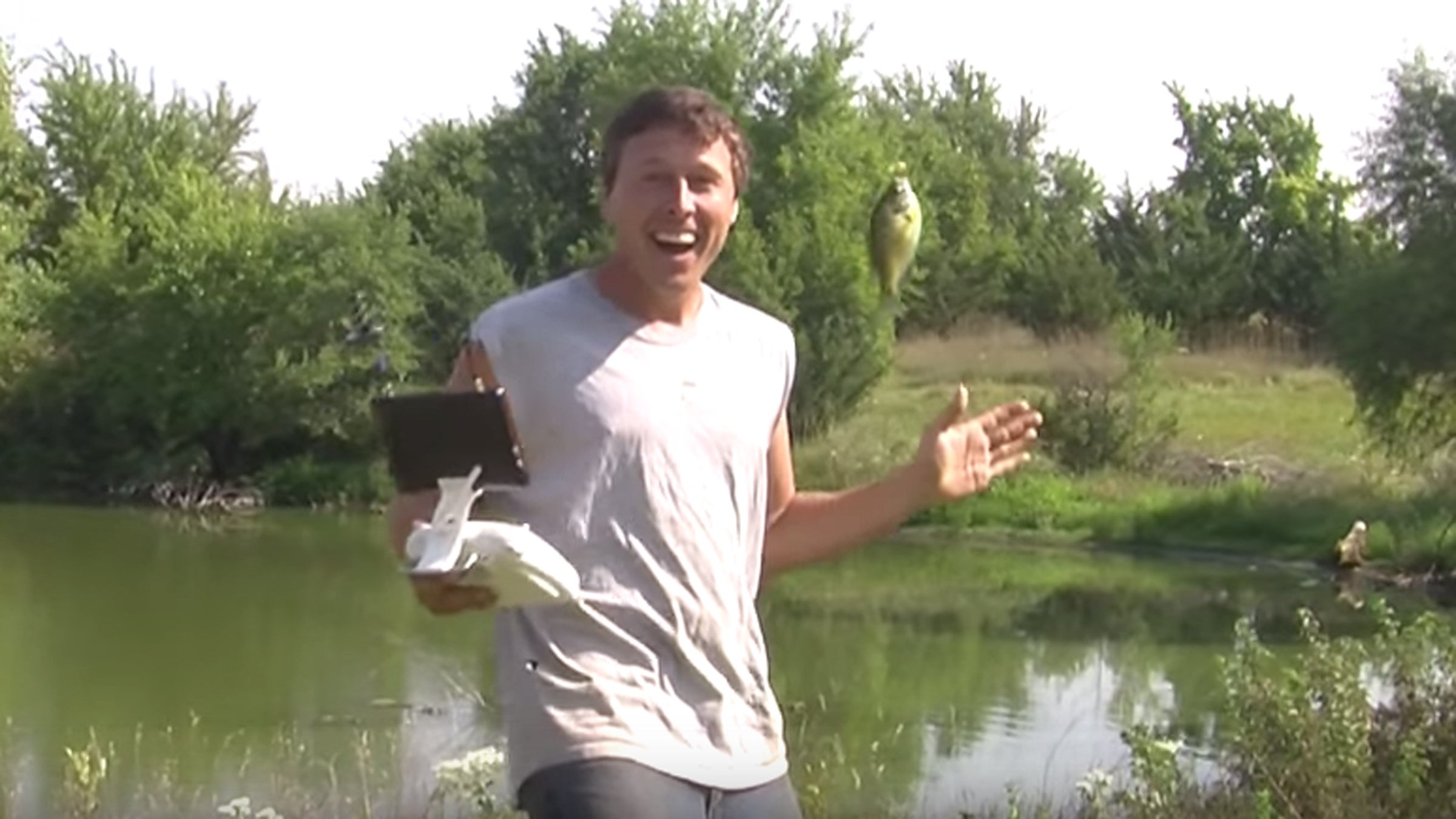 Farmer Derek Klingenberg snags a bluegill with his DJI Phantom 2 quadcopter.
