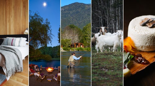 From left: Suite life; fireside cocktails the Vira Vira way; fly-fishing the Liucura River; goat cheese starts here; house-made ricotta.