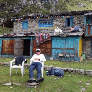 Jim Morrison enjoying a break at 14,800 feet, a day's walk from base camp.