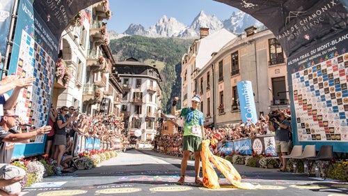 Champion Xavier Thévenard celebrates his win in Chamonix, France. He finished in 21:09, nearly 50 minutes ahead of second-place finisher Luis Alberto Hernando.