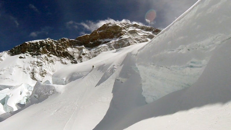 Emily Harrington mid-turn on the steepest part of the descent above Camp 1.