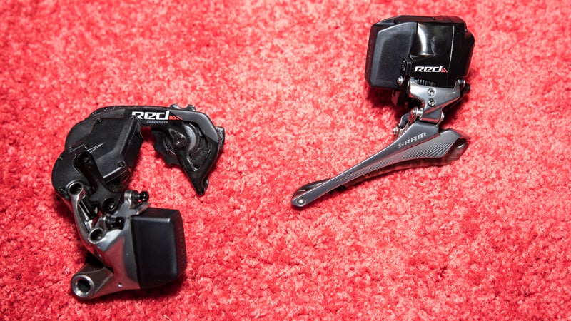 The SRAM eTap Red is completely wireless, and all major parts are self-contained units.