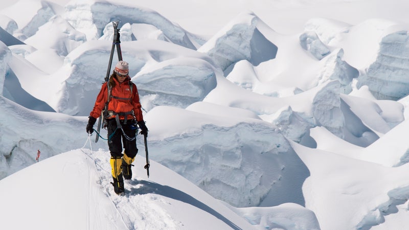 Kit DesLauriers makes her way through Everest's treacherous Khumbu Icefall on September 17, 2006. "The Icefall is one of the few places where you can make all the right decisions and it could still collapse," says photographer Jimmy Chin.