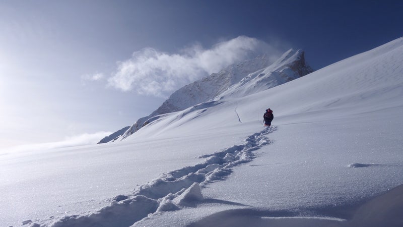 Mingma Chhring Sherpa breaking trail out of Camp 3 towards the summit of Makalu.. While deep snow and fresh avalanches turned us around at 25,000 feet.