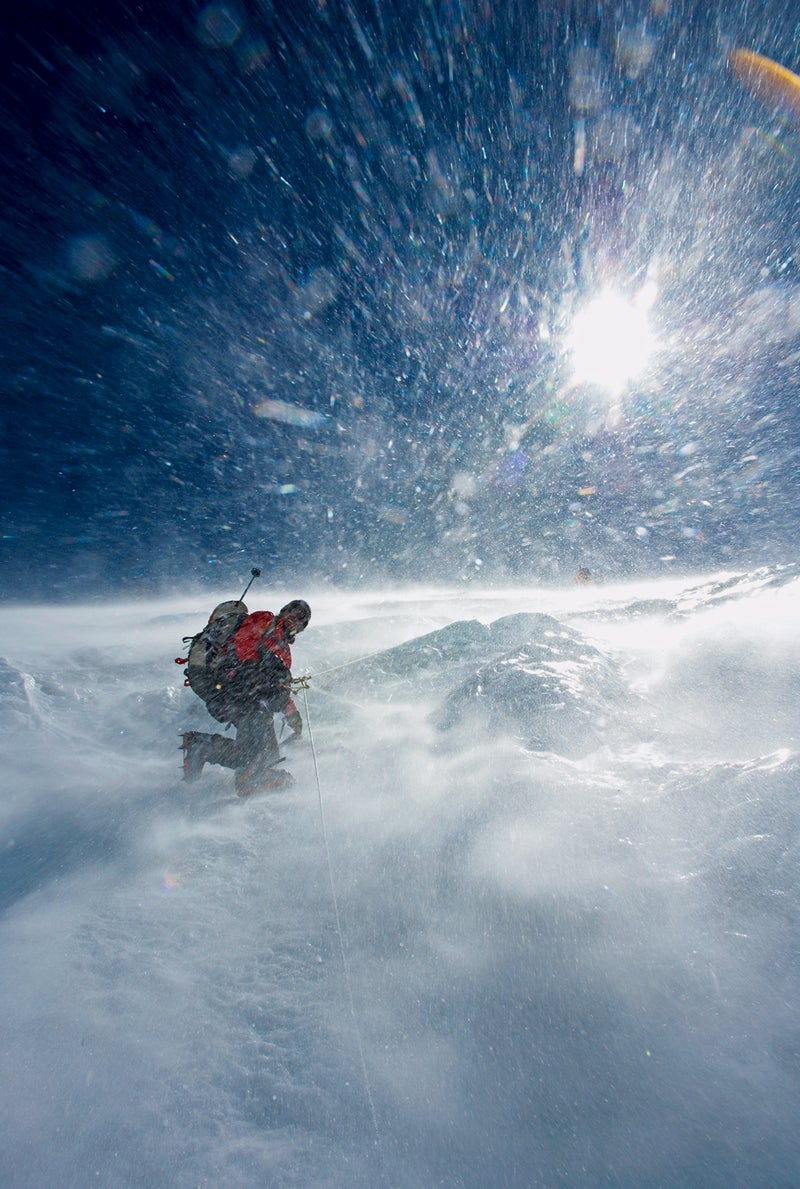 Rob climbs toward Camp III in a shower of spindrift on the central part of the Lhotse Face on October 6, 2006.
