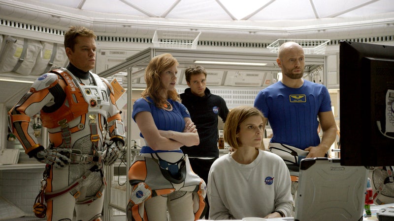 From left: Matt Damon, Jessica Chastain, Sebastian Stan, Kate Mara, and Aksel Hennie portray the crewmembers on a mission to Mars.