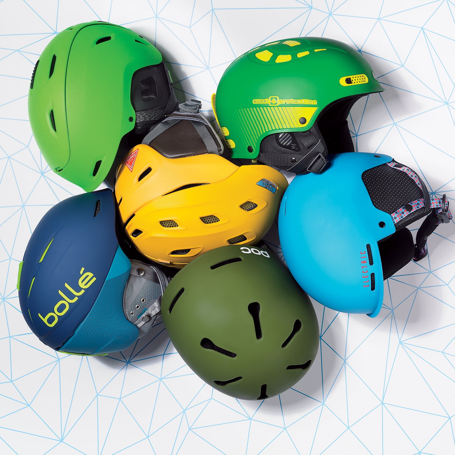 Clockwise from top left: Giro Range MIPS, Smith Vantage, Sweet Protection Igniter MIPS, Electric Saint, POC Auric, Bollé Millenium.