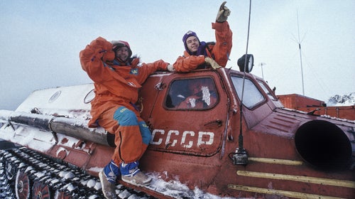 Expedition leaders Jean-Louis Etienne and Will Steger riding in the ancient Soviet tanks that were their transport on King George Island.
