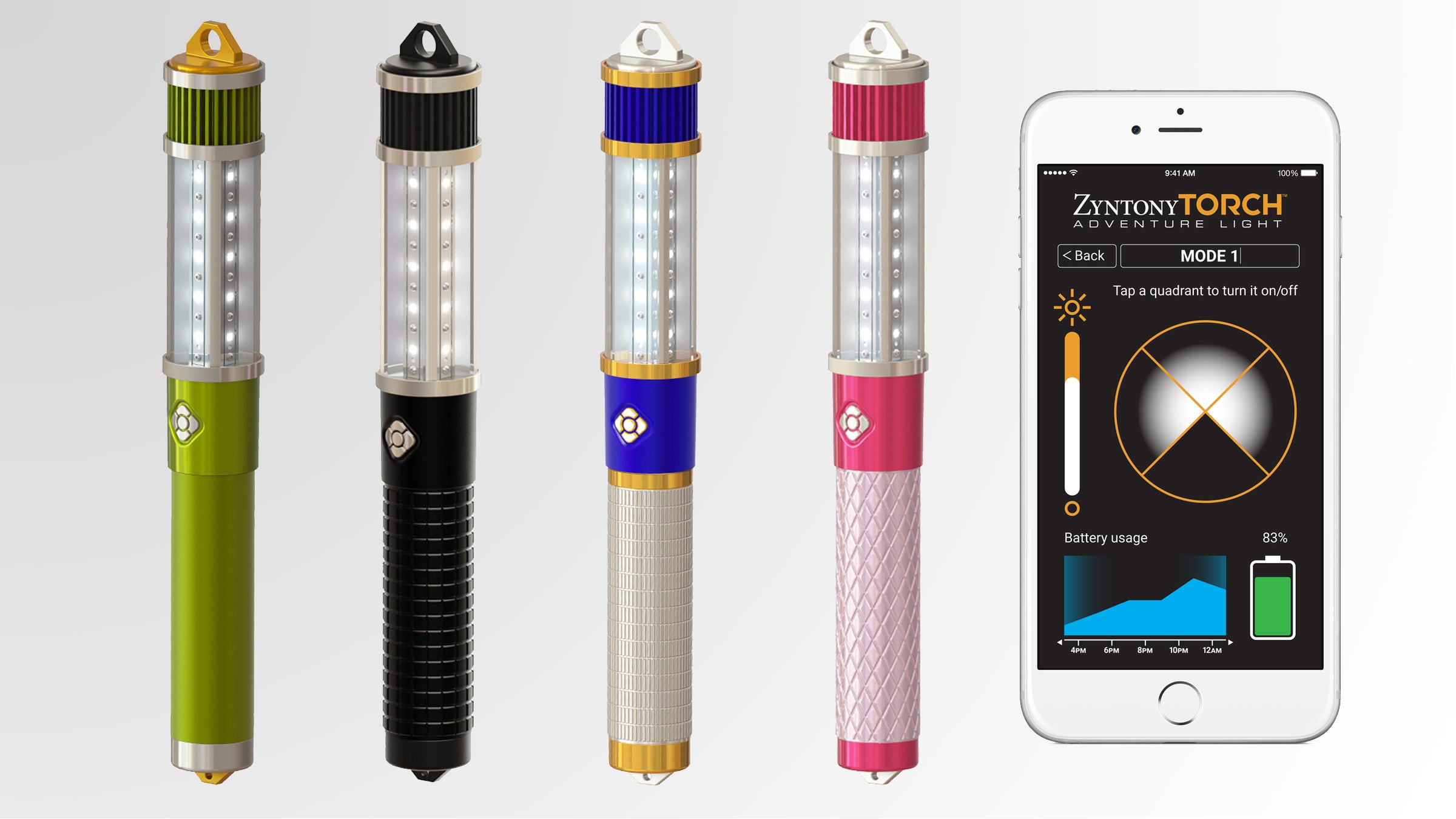 The Zyntony torch pairs with your smartphone to monitor batter levels. 
