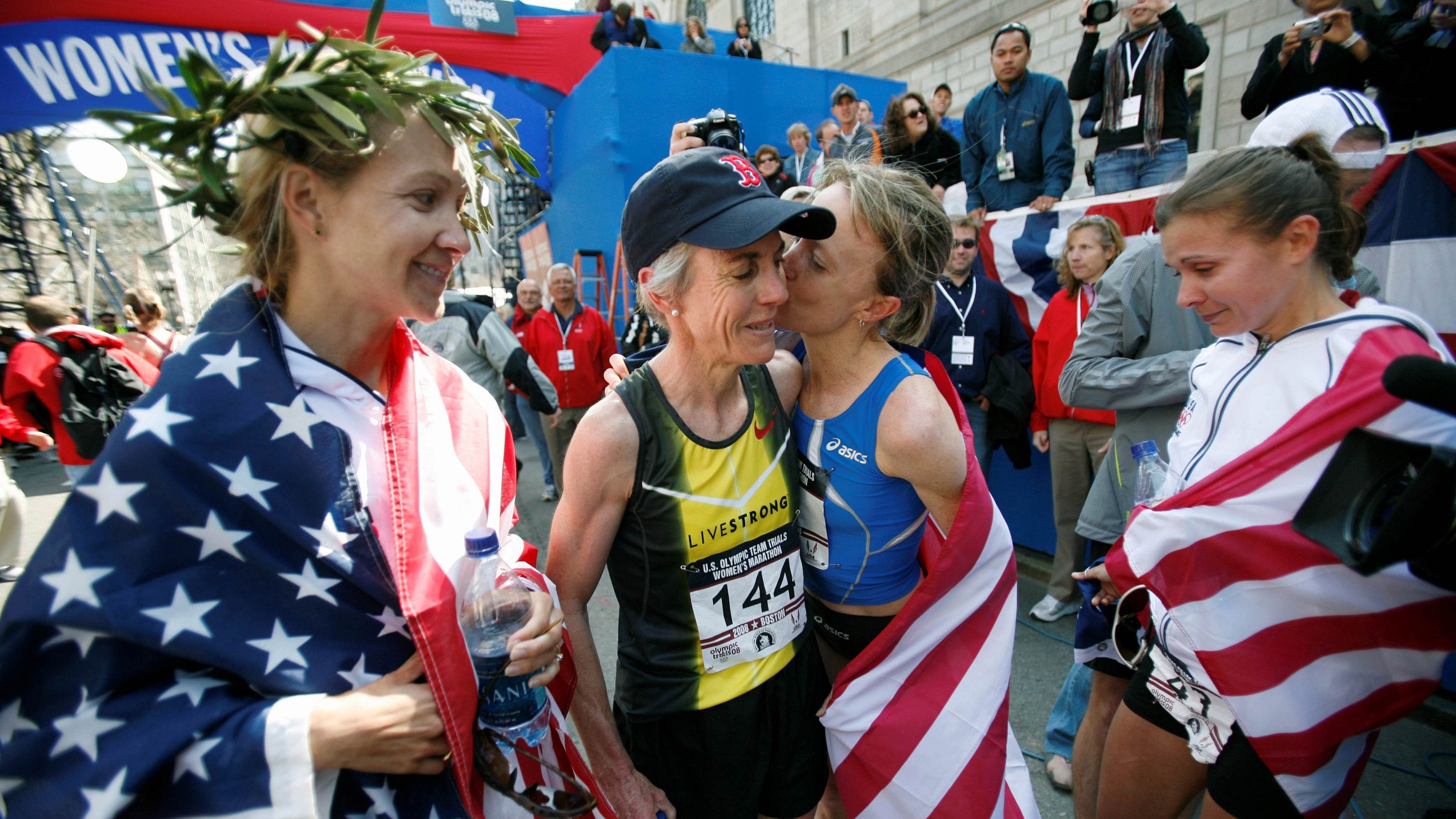 From left: Blake Russell, Joan Benoit Samuelson, Deena Kastor, and Magdalena Lewy-Boulet at the finish of the 2008 women's Olympic marathon trials—Benoit Samuelson's last.