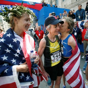 From left: Blake Russell, Joan Benoit Samuelson, Deena Kastor, and Magdalena Lewy-Boulet at the finish of the 2008 women's Olympic marathon trials—Benoit Samuelson's last.