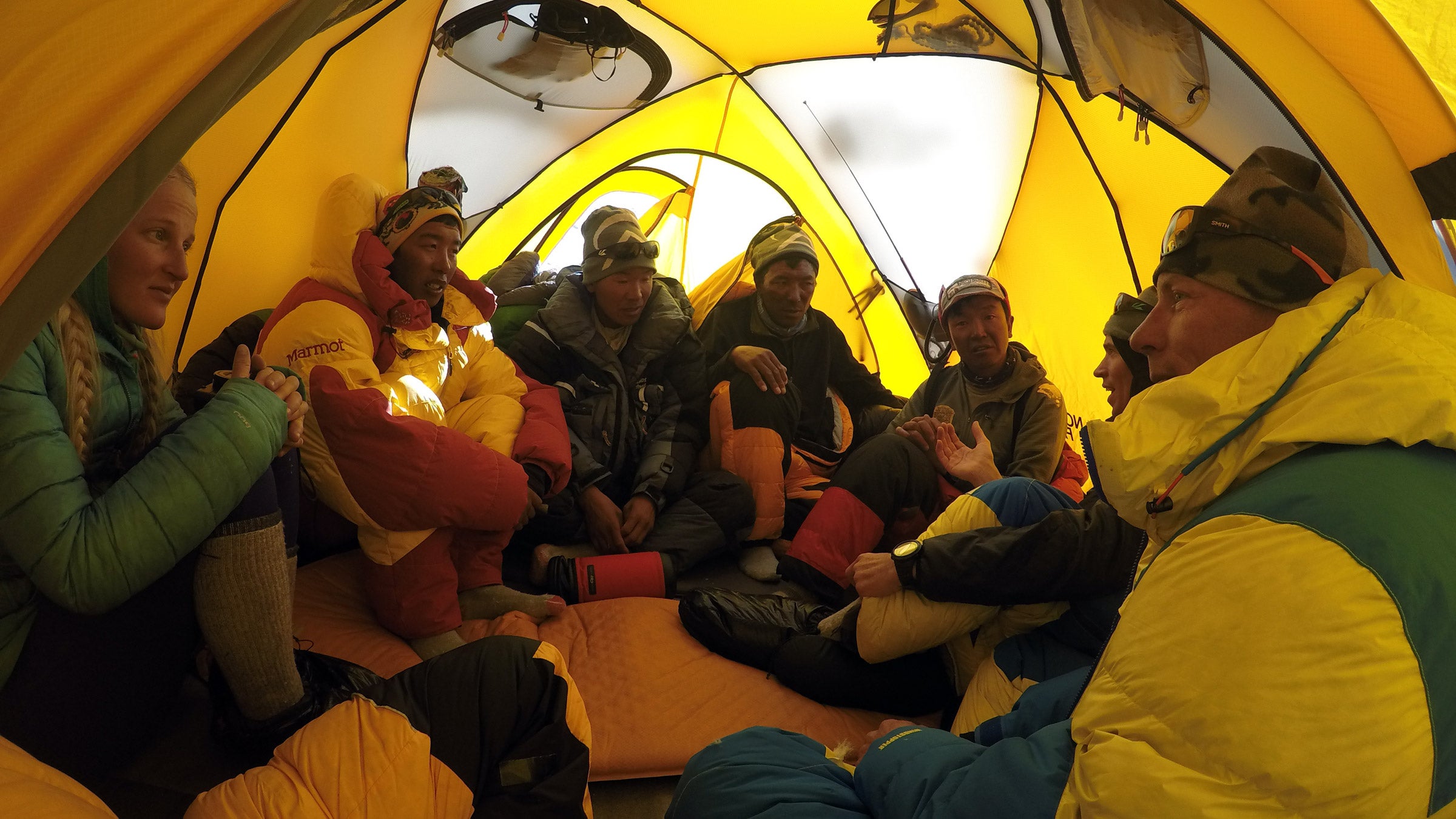"The team discussing our options at Camp 4 post slab-avalanche that took Sherpa Mingma for a ride earlier in the day," Hilaree O'Neill explains.
