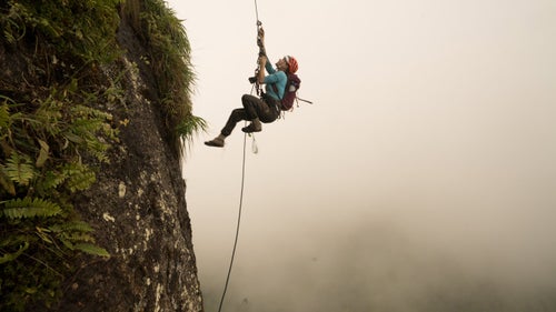Payne ascending one of the fixed lines near the middle of the tower.