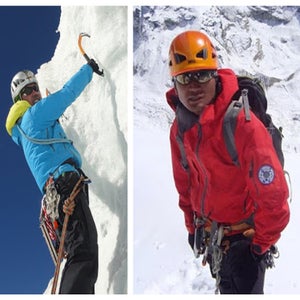 The three climbers on the summit of Mt. Langdak (top left), Dawa Gyalje Sherpa (bottom left), Mingma Tashi Sherpa (middle), and Nima Tenji Sherpa (right).