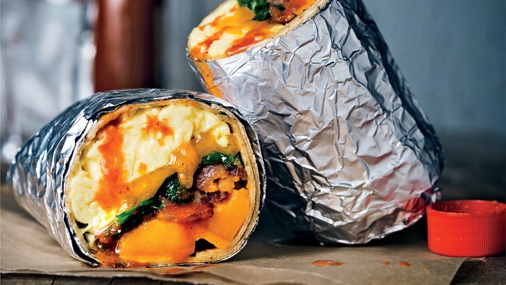 close up of a breakfast burrito