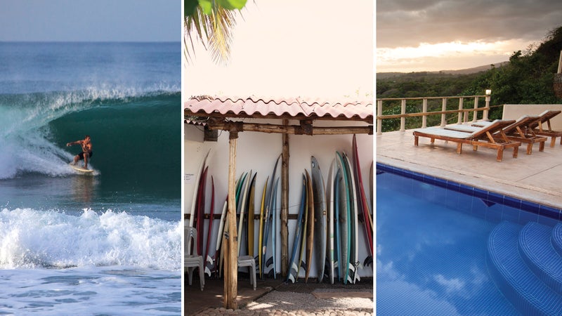From left: Down the line at El Tunco; ready for action; the infinity pool at Hotel Los Mangos.