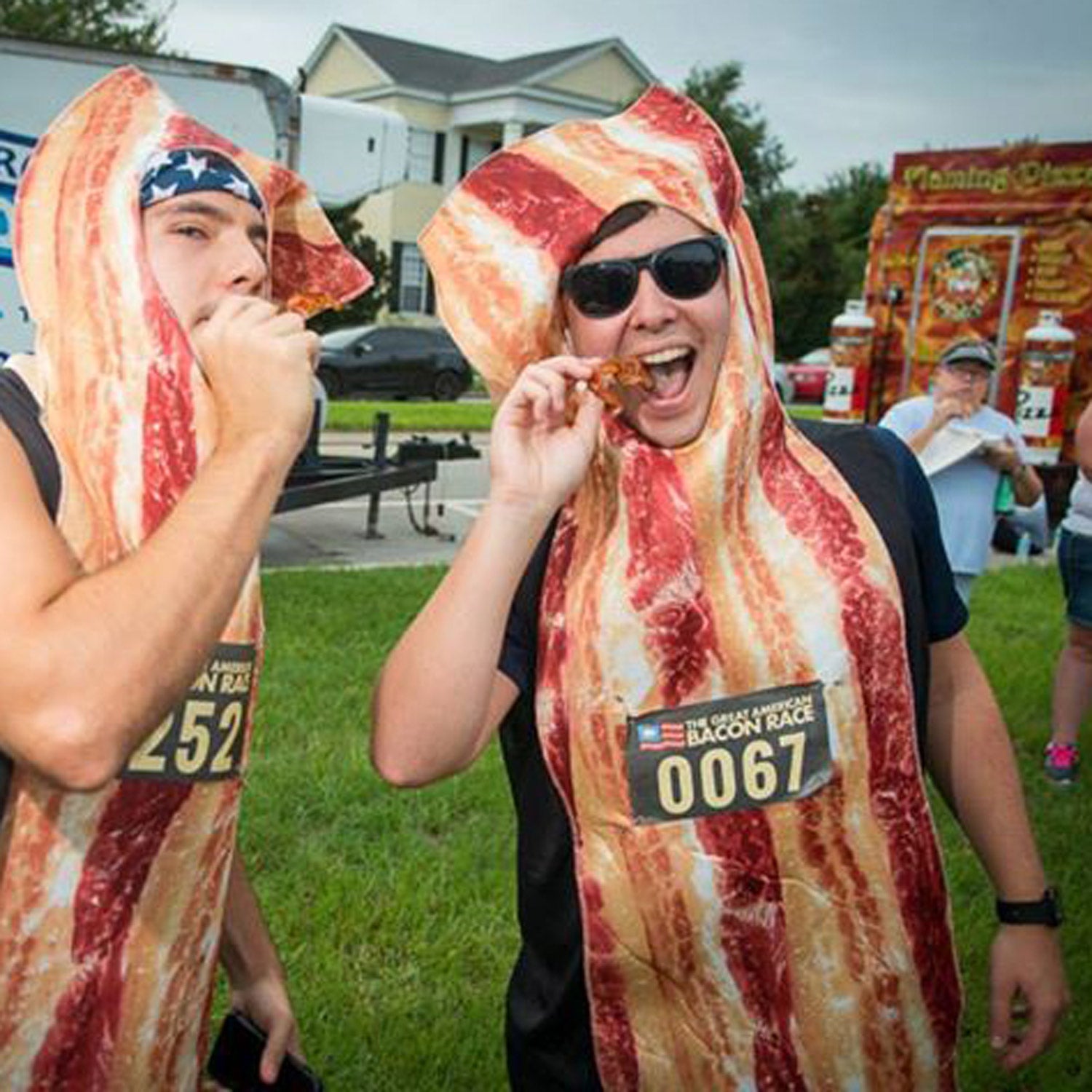 Participants at the Great American Bacon Race are offered fresh bacon at aid stations.