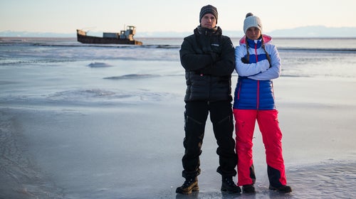 Zach Doleac and Lauren Steele in Kaktovic, Alaska, on Barter Island in the Arctic Circle.