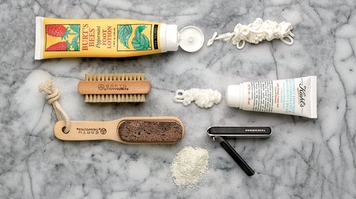 Clockwise from top left: Burt's Bees Peppermint foot lotion, Kiehl's Superbly Efficient Anti-Persperant and Deodorant cream, Tweezerman Gear Precision Grip toenail clippers, Lush T for Toes foot powder.