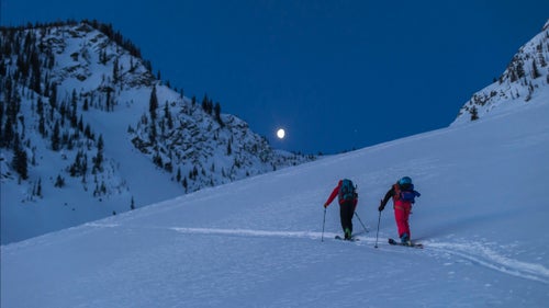 In 2014, Collinson drove to Jackson Hole from Utah at TGR’s behest, only to find out the night before that she was slated to ski the South Teton the next morning. “We started skinning at 4 a.m.,” she says. Five thousand eight hundred feet later, she and fellow pro Griffin Post, here in the lead, summited the peak. Photo: “Griffin dropped in on the East Face first and shredded the line, but then he radioed up that conditions were sketchy—breakable crust,” says Angel. “We all made it down safe, but because the snow conditions were so bad, it wasn’t great footage and never made the film.”