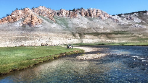 We dashed onward in the Soviet bread loaf. At each vista and hilltop, we’d see wicked-looking ovoo, ancient shamanistic offerings to the sky gods. We stopped at this river for lunch and tried to fish a little—we had heard of the mighty taimen—but no cigar.