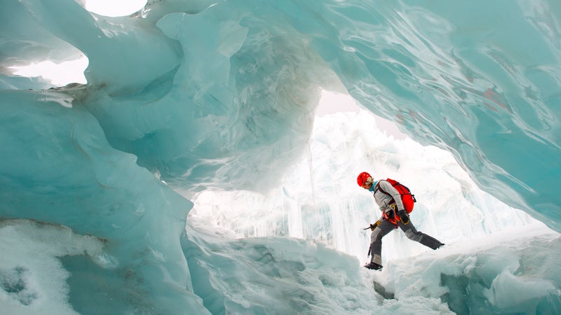 The North Face athlete Hilaree O'Neill in an ice cave in the Langtang Valley.