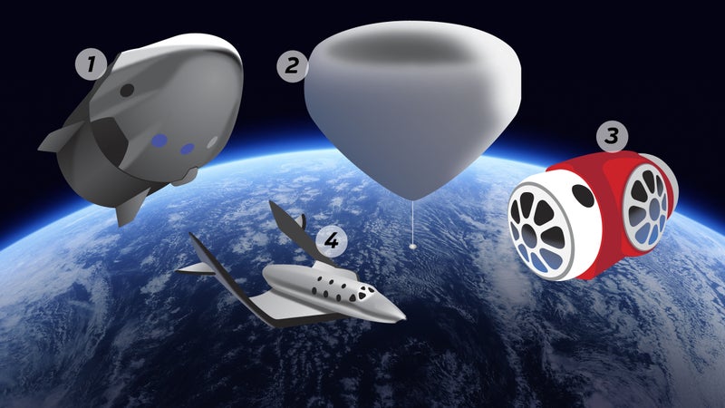 Clockwise from top left: SpaceX, Zero2Infinity, World View, Virgin Galactic.