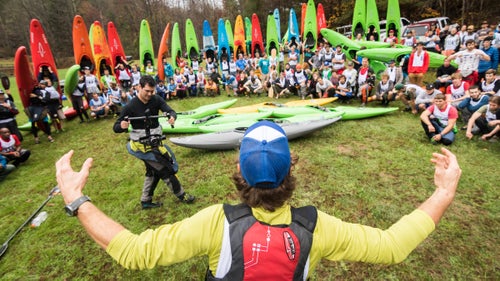 Paddlers gathered around race organizer Jason Hale. Hale, who was part of the inaugural race and holds the record for participating the most number of times (18), is the spiritual leader of the race. In his outgoing voicemail message, he says, 鈥淎 clean river is a like a mean shiver. Who's racing, who's chasing, who鈥檚 placing? Going to be on top, don't stop. Go left, go fast. Leave a message.鈥 His pre-race speech鈥攑art Braveheart monologue, part pep talk鈥攊s the stuff of legends, and includes the warning: 鈥淵ou will hear a roar like you鈥檝e never heard before!鈥