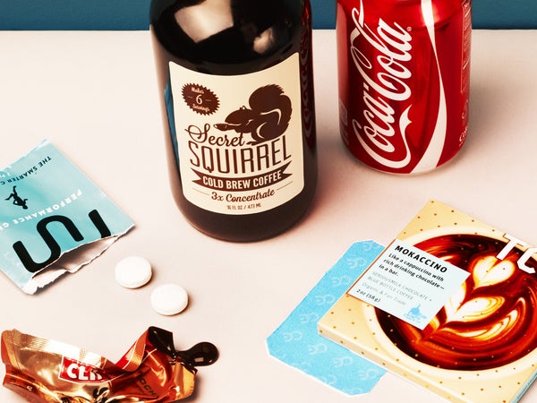 Clockwise from left: Run Gum, Secret Squirrel Cold-Brew coffee concentrate, Coca-Cola, Tcho Mokaccino chocolate, Clean Energy patch, and Clif Shot energy gel.