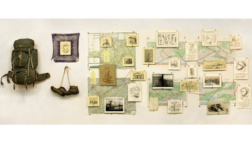 When George Rue started hiking parts of the Appalachian Trail six summers ago at age 18, he carried a sketchpad, intending to use it as both diary and camera. But when he brought the weathered notebook back to New York鈥檚 School of Visual Arts鈥攆ull of dirty faces and forgotten detours鈥攈is professors urged him to return to the trail.
Now pursuing a Master of Fine Arts at the New York Academy of Art, the 24-year-old from Nashville took their advice, continuing to section-hike and sketch over the past four summers. Rue has expanded the project into a mixed-media art installation, using his sketches as inspiration for sculptures, prints, and woodcuts he made in his New York studio. And though he considers it a work-in-progress, Rue started showing Appalachian Travelogue around the city, dragging along his dirty boots and backpack. Parts of the project have been shown at Sotheby鈥檚 art gallery in New York and other galleries as far away as Rome, in addition to having a solo show in New York City鈥檚 VCS Gallery.
鈥淲hat I鈥檓 trying to do is capture the culture and landscape of the trail by drawing from life,鈥 says Rue, who finished the trail in Maine last summer but has started to section-hike it in reverse. 鈥淚 hope that it transcends its subject matter to become more about how we relate to nature in contemporary life.鈥
Photo: Appalachian Travelogue, Thesis Installation, Mixed Media
This piece was the first iteration of Appalachian Travelogue. Rue created it as his undergraduate thesis installation in 2014, focusing mostly on sections of the trail closest to his home in Tennessee. Since then, he鈥檚 added sketches from the northern end, especially Maine and New Hampshire, his favorite states to hike. 鈥淚 wanted to create something that represents every section of the entire trail,鈥 he says. 鈥淪o that, as you moved through it, it would almost be like traveling from Georgia to Maine.鈥
