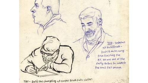 Rue likes to wake up early to make sketches of fellow hikers while they鈥檙e eating breakfast or making coffee. Some are nervous about this idea of playing model, but Rue says most are excited and ask for an emailed a copy of the sketch. 鈥淗ikers are very active people and don鈥檛 stay still for very long,鈥 he says. 鈥淚 like to wake up and do little portraits of them while they鈥檙e at their most relaxed.鈥