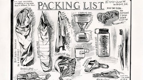 This lithograph, made using a scan from his first sketchbook, shows Rue鈥檚 packing list from an early trip on the AT. Creating a lithograph involves a complicated chemical process that results in an ink impression of the original drawing.
The note in the right-hand corner refers to one of his first experiences on the trail, when a bear stole his foot bag but left the rope holding it in place. Along with camping gear, Rue also carries a nine-by-12-inch spiral bound notebook, ink pens, graphite pencils, watercolors, and chalk.
