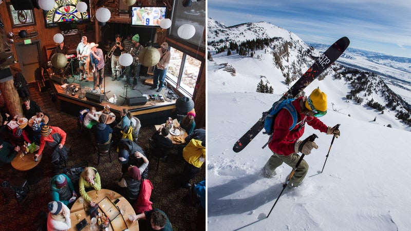 From left: Jackson's Mangy Moose; earning turns in the Teton backcountry.
