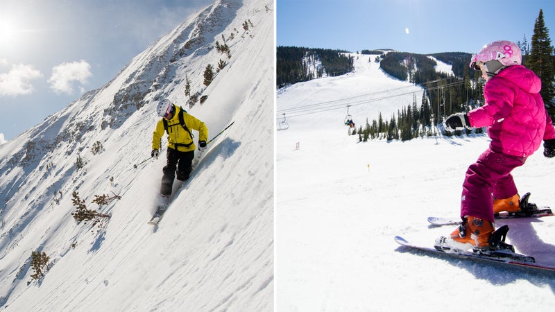 From left: Free-heeling Big Sky steeps; pizza party.