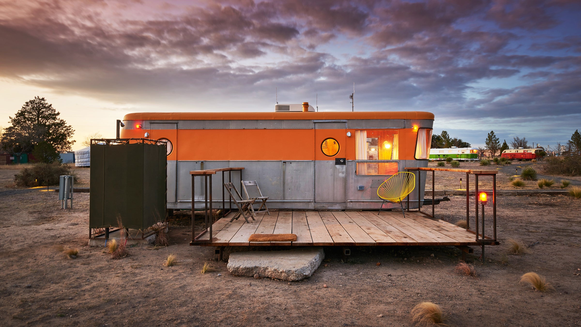 El Cosmico in Texas features 10 vintage trailers and a wood-fired hot tub.